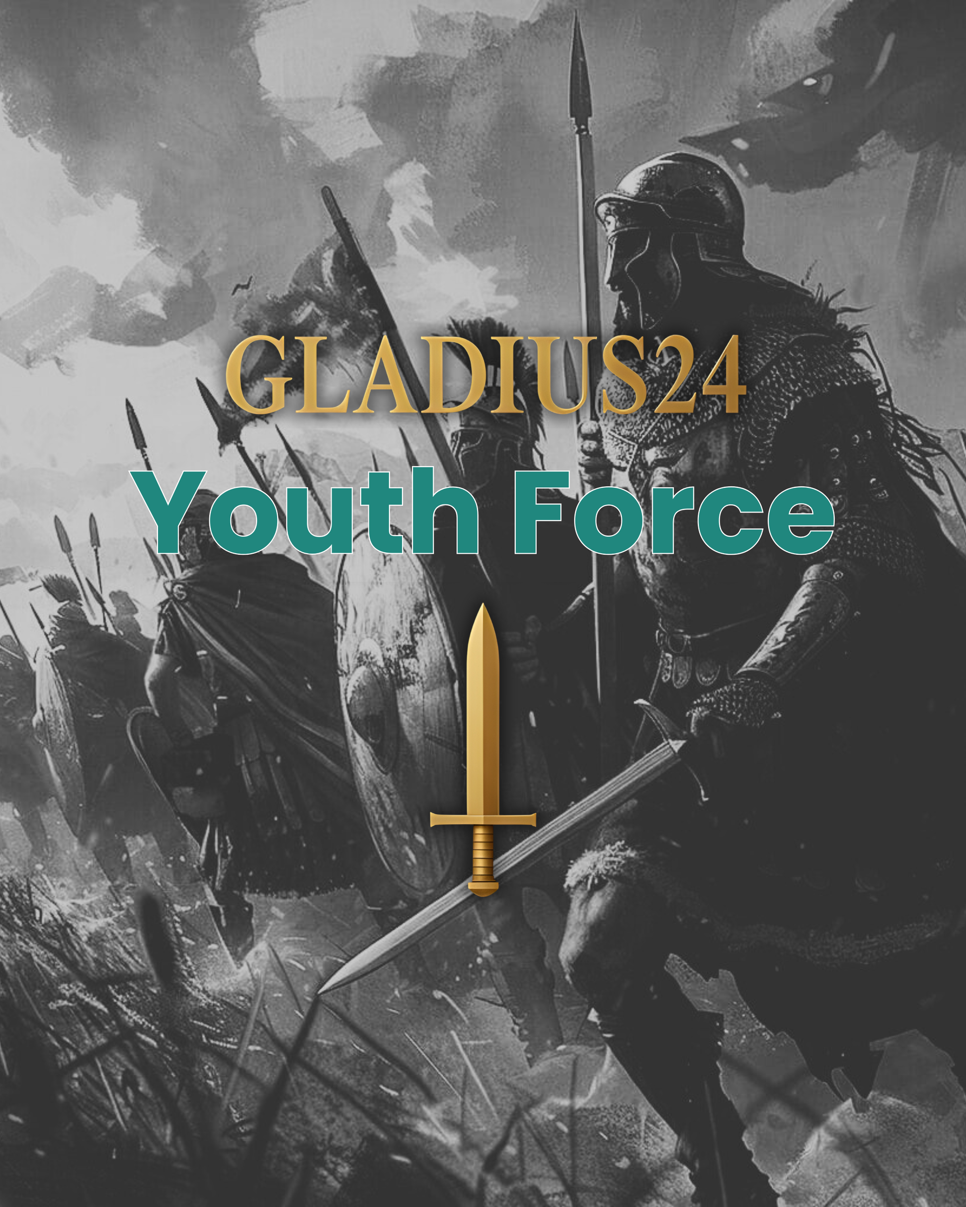 Logo van Gladius24 Youth Force met een zwaard op een gevechtsscène in goud op een grijstintenachtergrond.