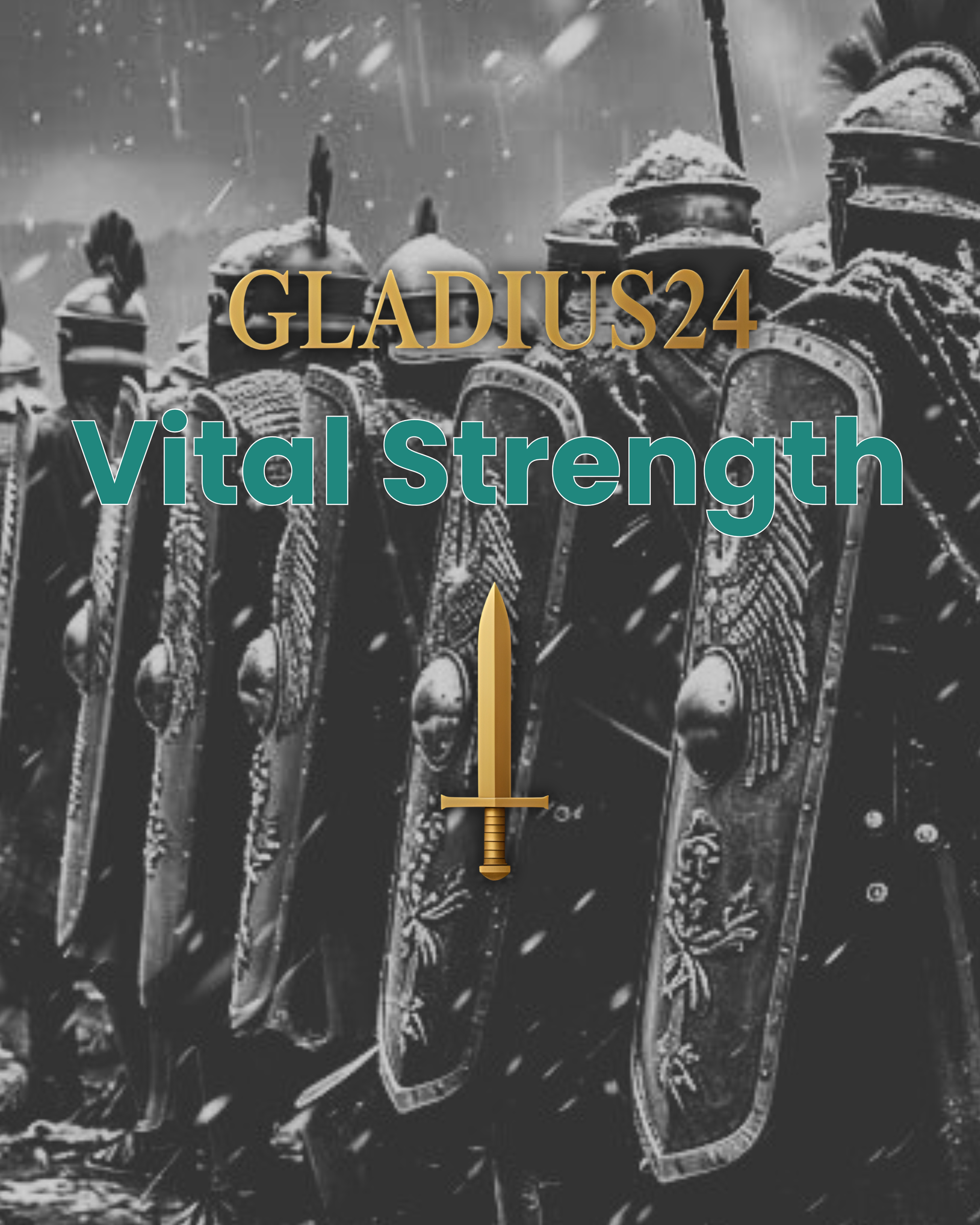 Romeinse legionairs in formatie, met schilden en zwaarden in de hand, terwijl de sneeuw valt. Tekst: Gladius24 Vitale Kracht.