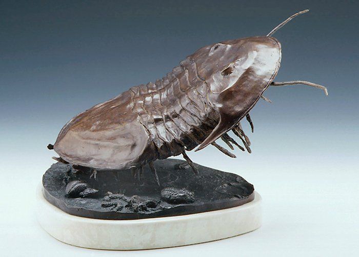 Isotelus maximus, trilobite side of bronze sculpture