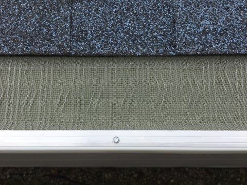 A close-up view of a mesh gutter guard installed over a white metal gutter beneath gray asphalt shingles.