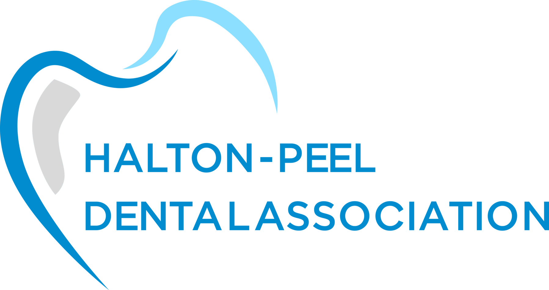 The logo for the halton-peel dental association shows a tooth in the shape of a heart.