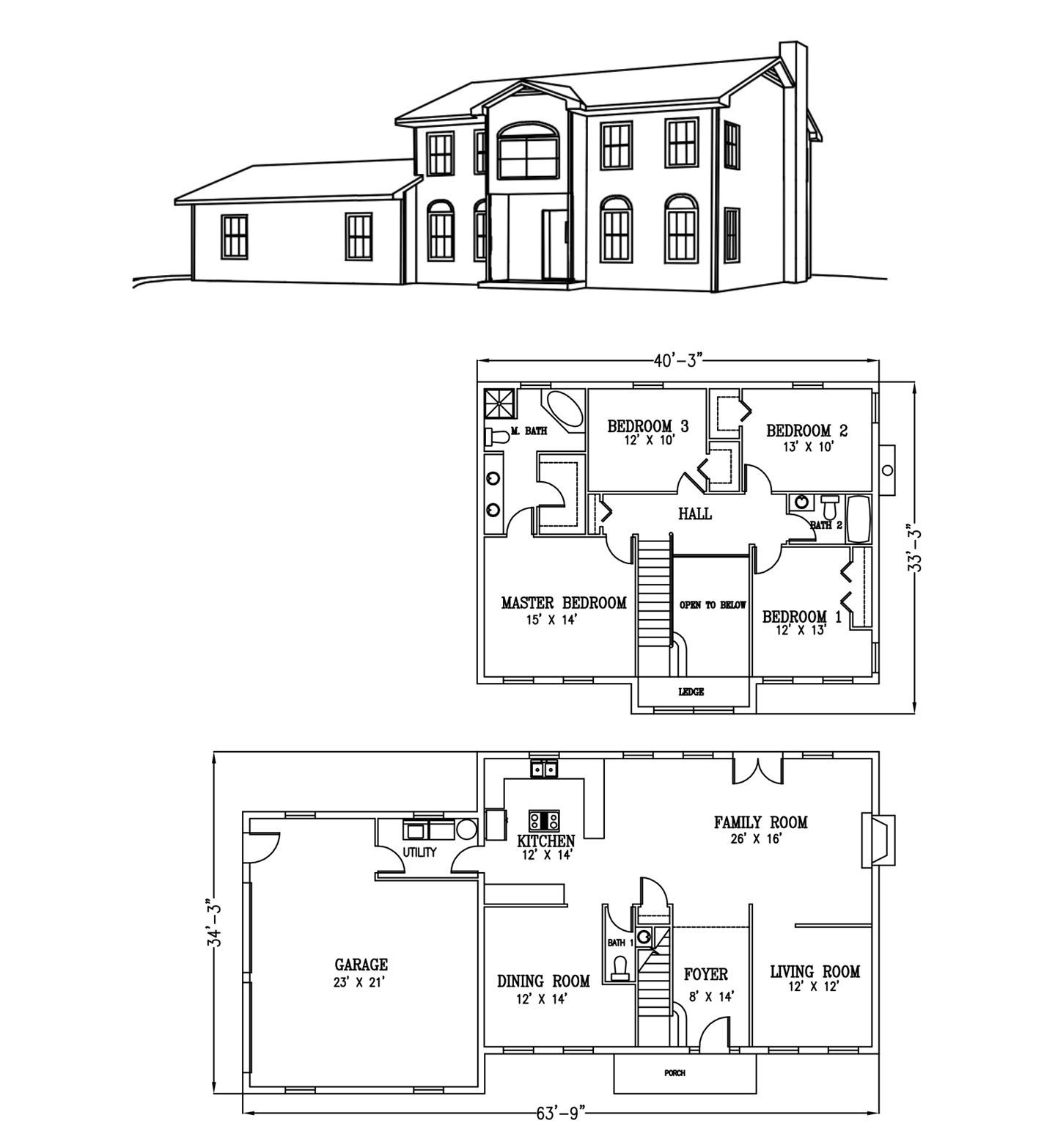 a black and white drawing of a house with three floor plans .