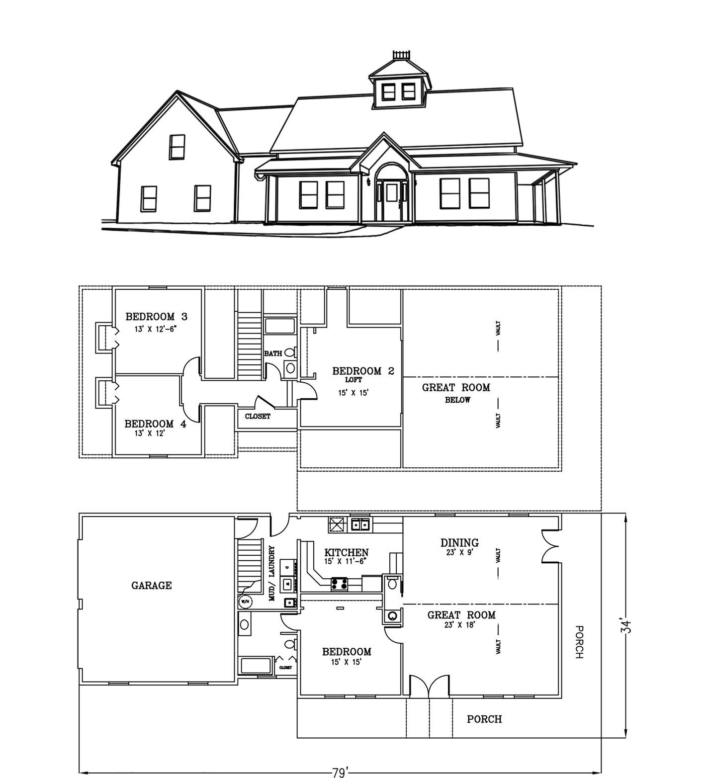 a black and white drawing of a house and its floor plan .
