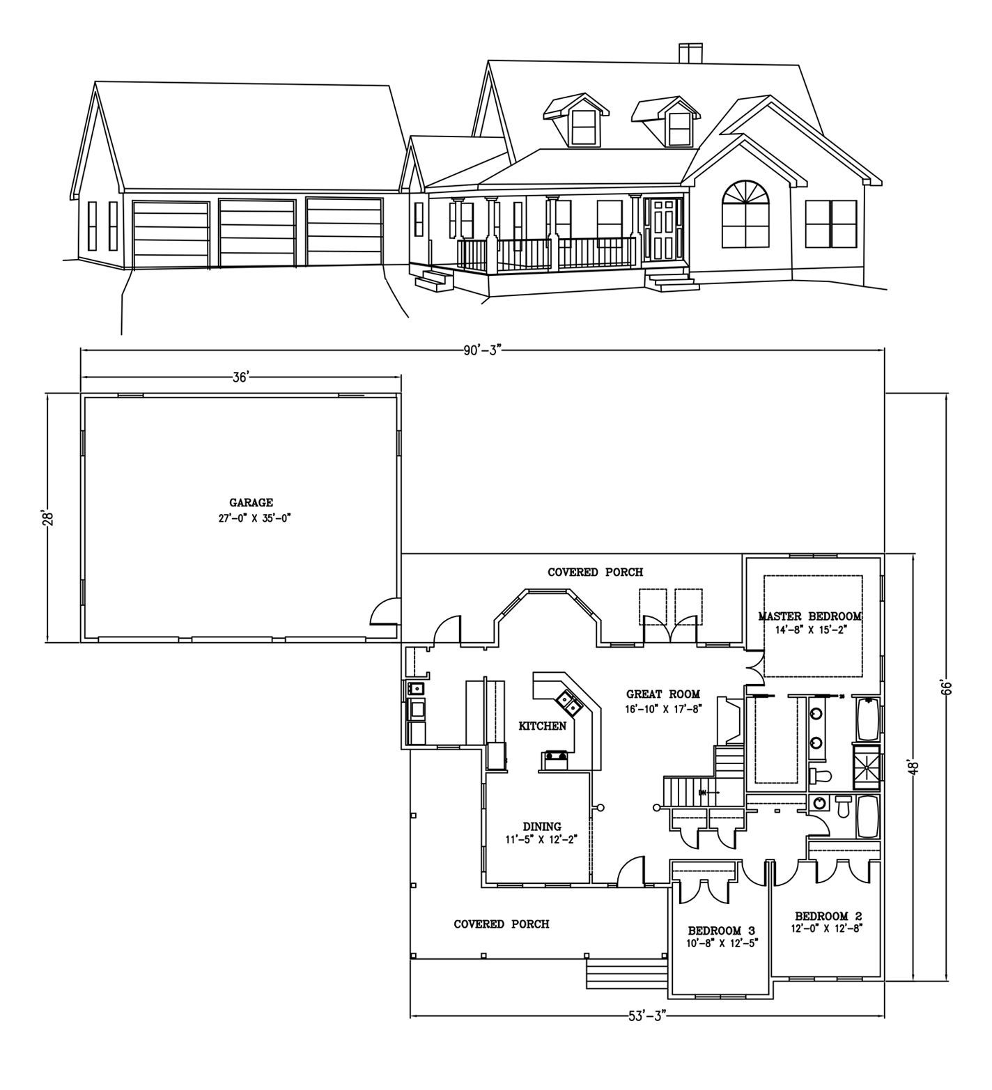 a black and white drawing of a house and its floor plan .