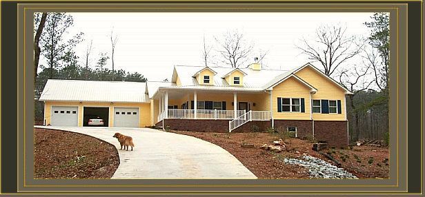 a picture of a house with a dog in front of it