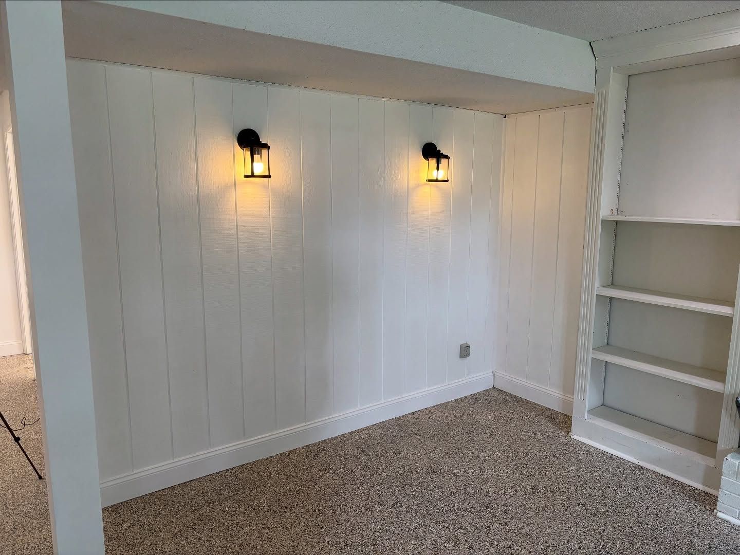 White paneled walls with two sconce lights, carpeted floor, and built-in shelves.