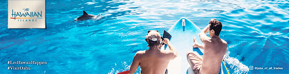 Two men in a kayak in the ocean with dolphins in the background