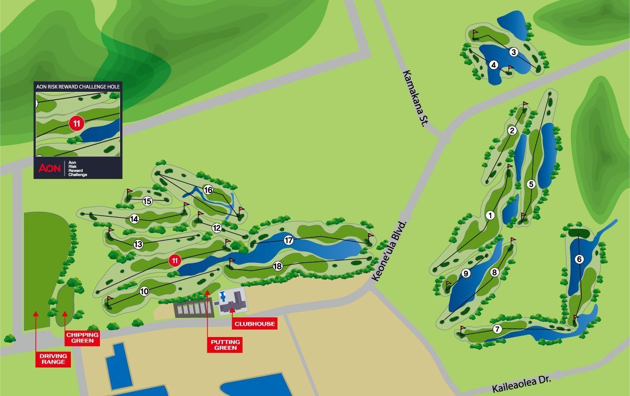A map of a golf course with a lake in the middle