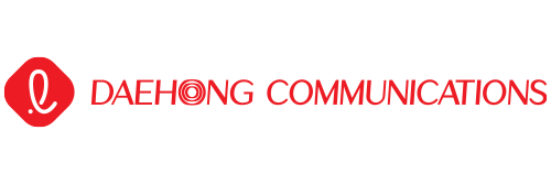 The logo for daehong communications is red and white on a white background.