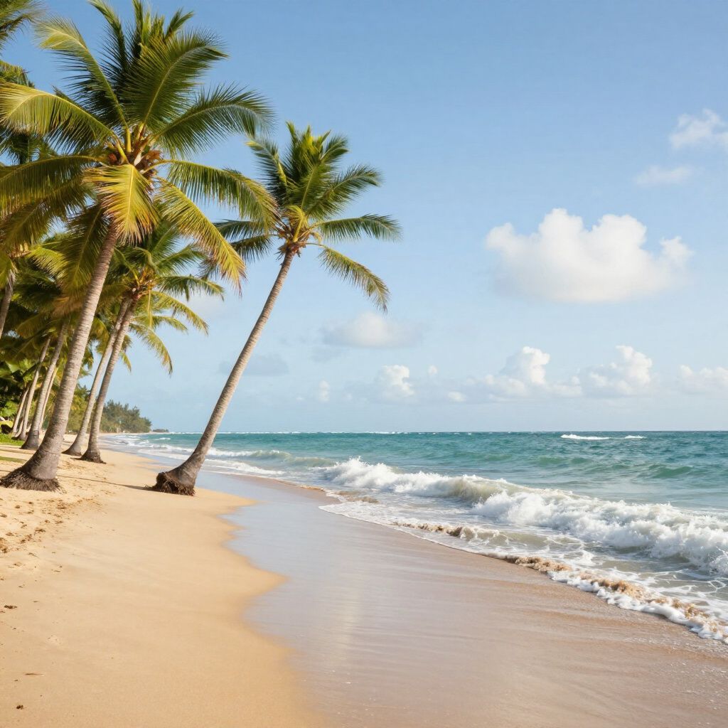 Sandy beach with palm trees and ocean waves under a partly cloudy blue sky.