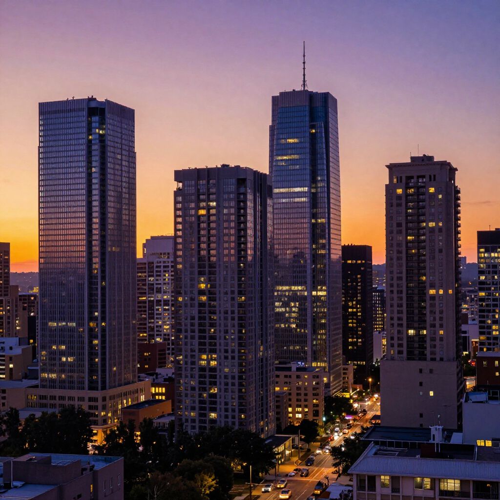 City skyline at sunset with tall buildings and orange and purple sky.
