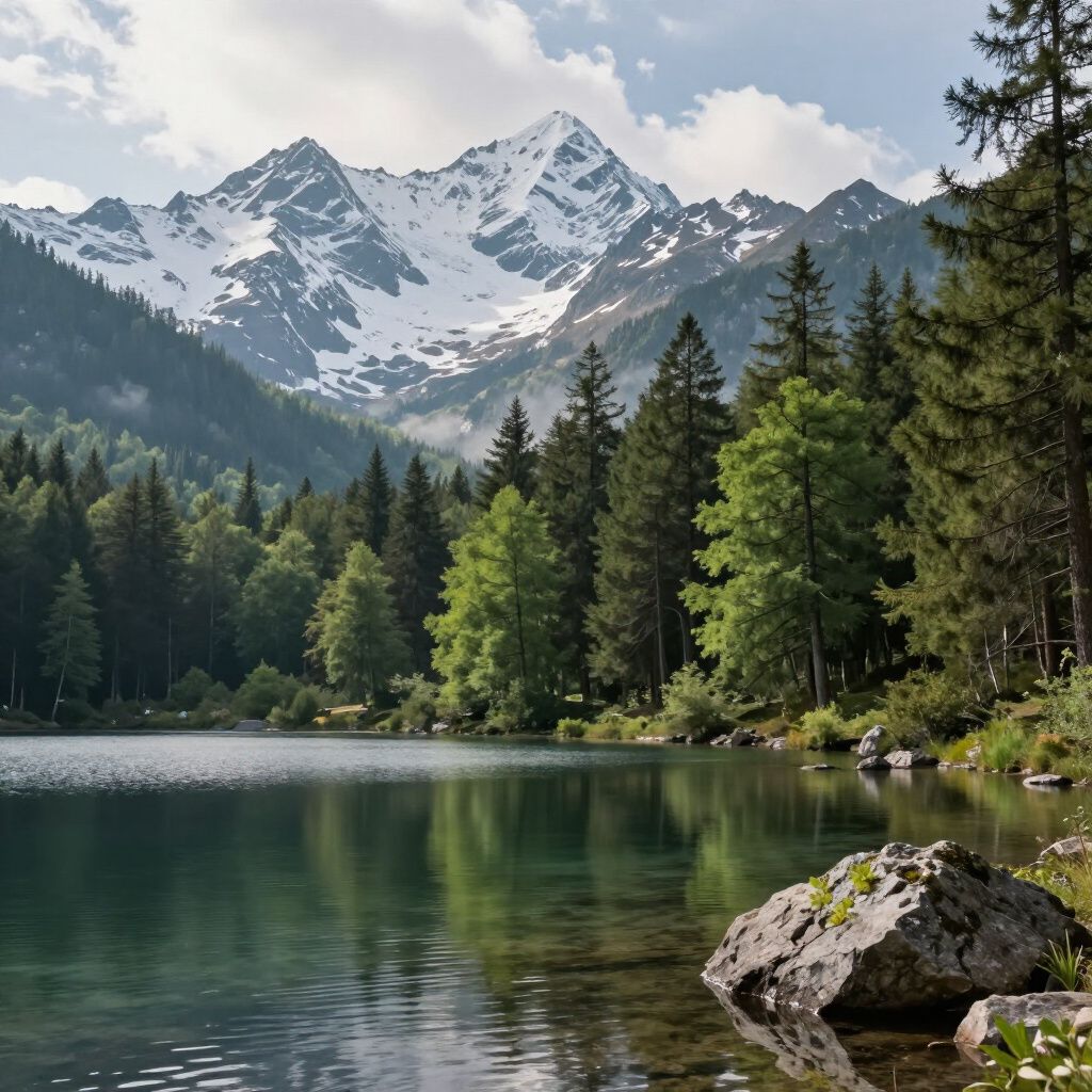 Lakeside view of snow-capped mountains, trees, and calm water reflecting the scene.