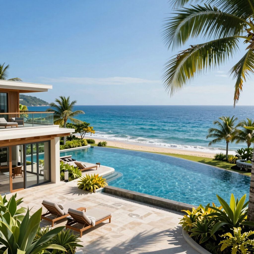 Luxury villa with infinity pool overlooking the ocean and beach on a sunny day.