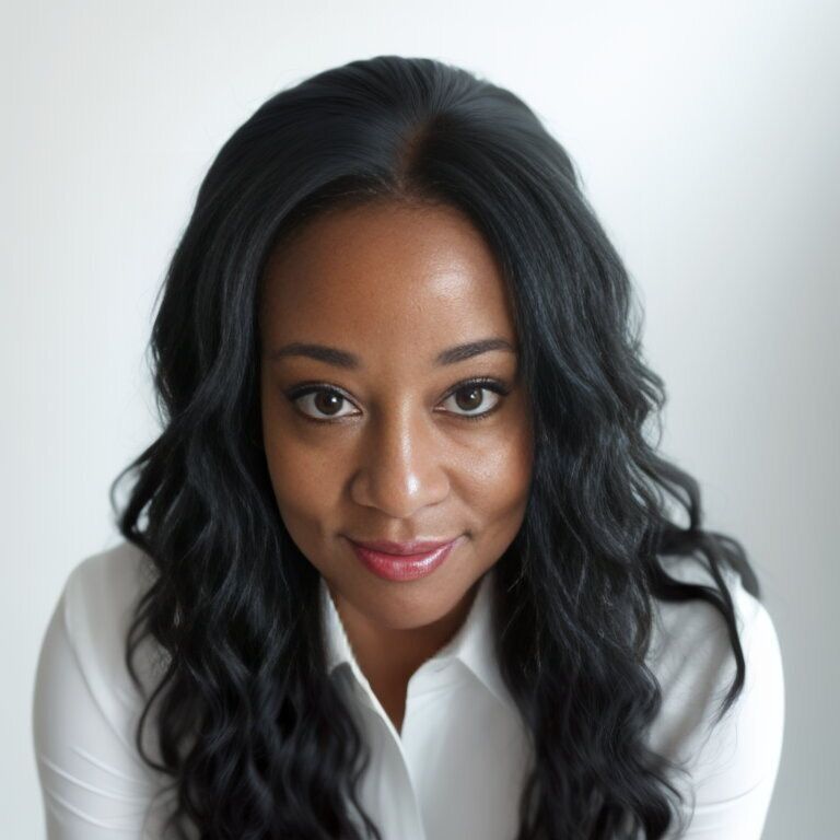 Woman with long, wavy dark hair smiles, wearing a white collared shirt against a white background.