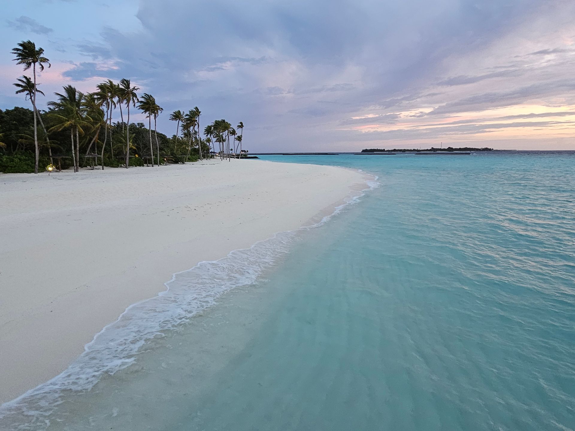 White sandy beach meets turquoise water under a pastel sky with palm trees along the shore.