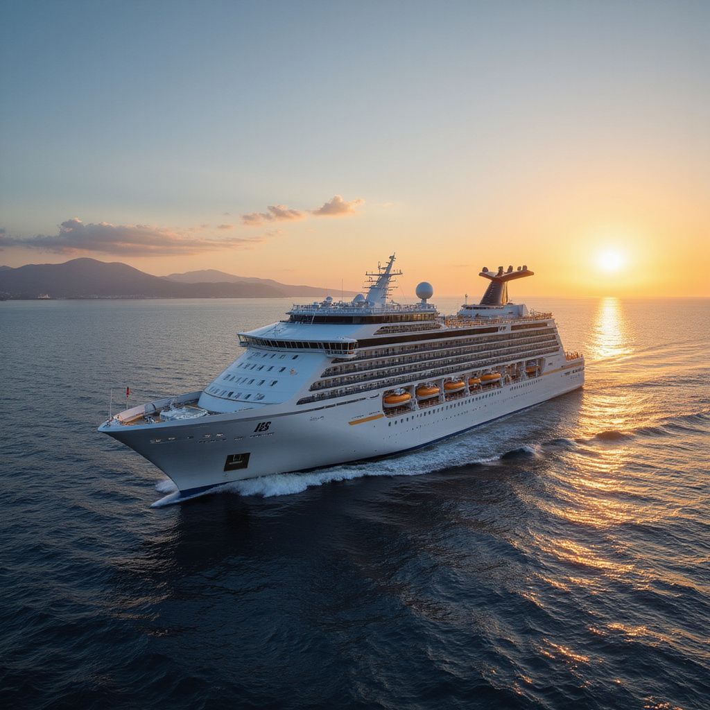 Cruise ship sailing on ocean during sunset.