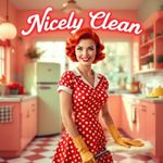 A woman in a red polka dot dress is holding a mop in a kitchen with the words nicely clean above her