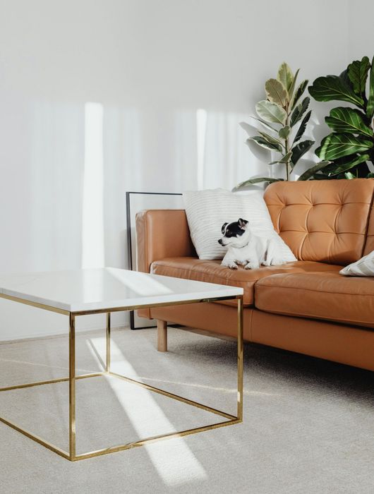 A living room with a brown couch and a white coffee table.