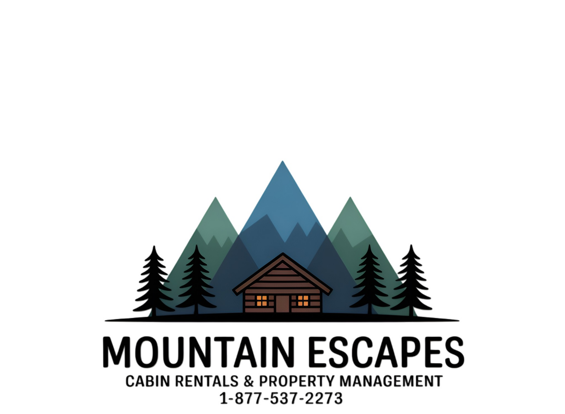 Logo for Mountain Escapes featuring a cabin in front of blue mountains and pine trees, with company text and phone number.
