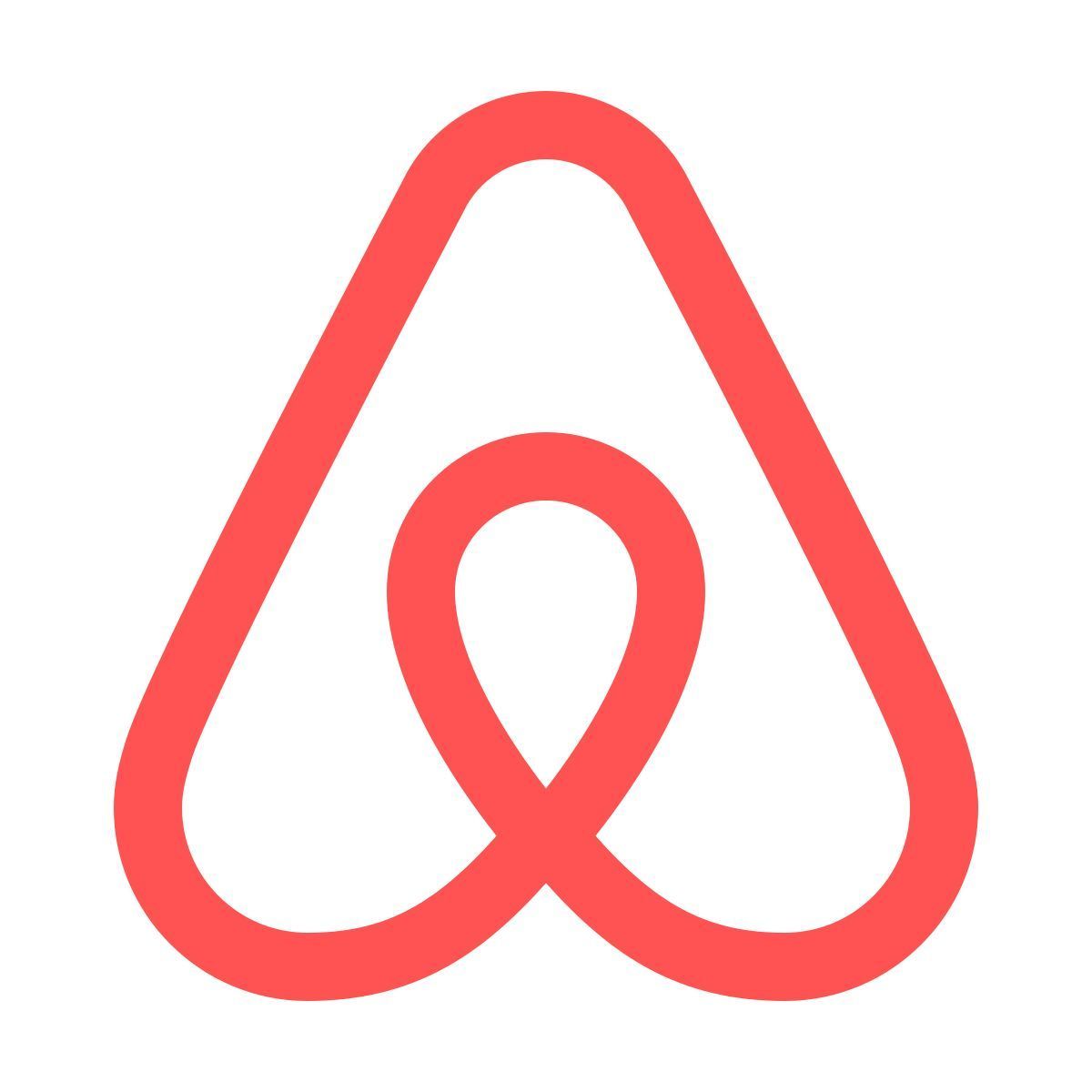 A coral-red logo featuring a stylized, rounded triangular shape with a central loop, commonly known as the Airbnb symbol.