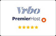 Vrbo Premier Host badge with blue logo text, an orange star icon, and five yellow stars indicating a top rating.