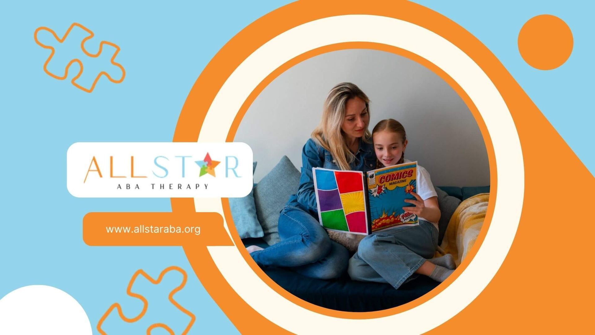 ABA therapist and young girl sitting on a sofa reading a comic book in ABA therapy.