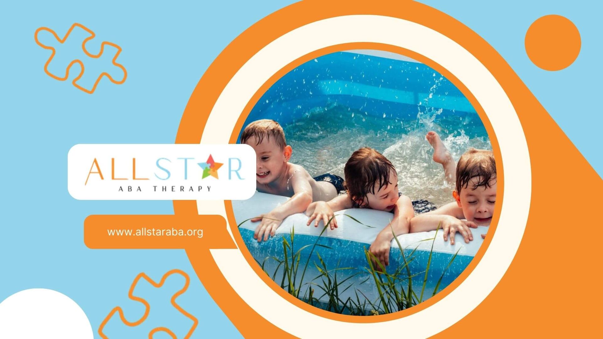 Three children playing and splashing in a small pool outdoors.
