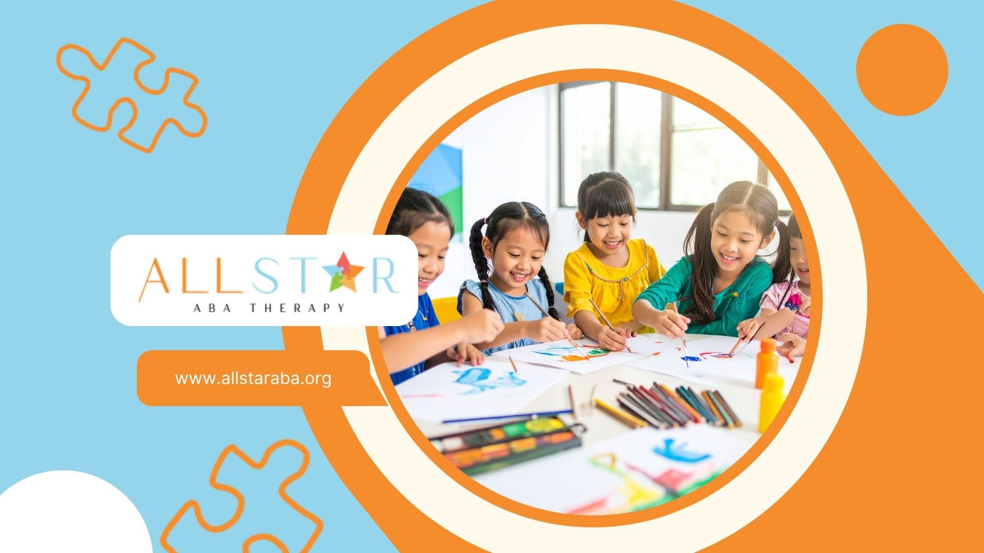 Children drawing together; Allstar Fun Therapy logo; light blue and orange.