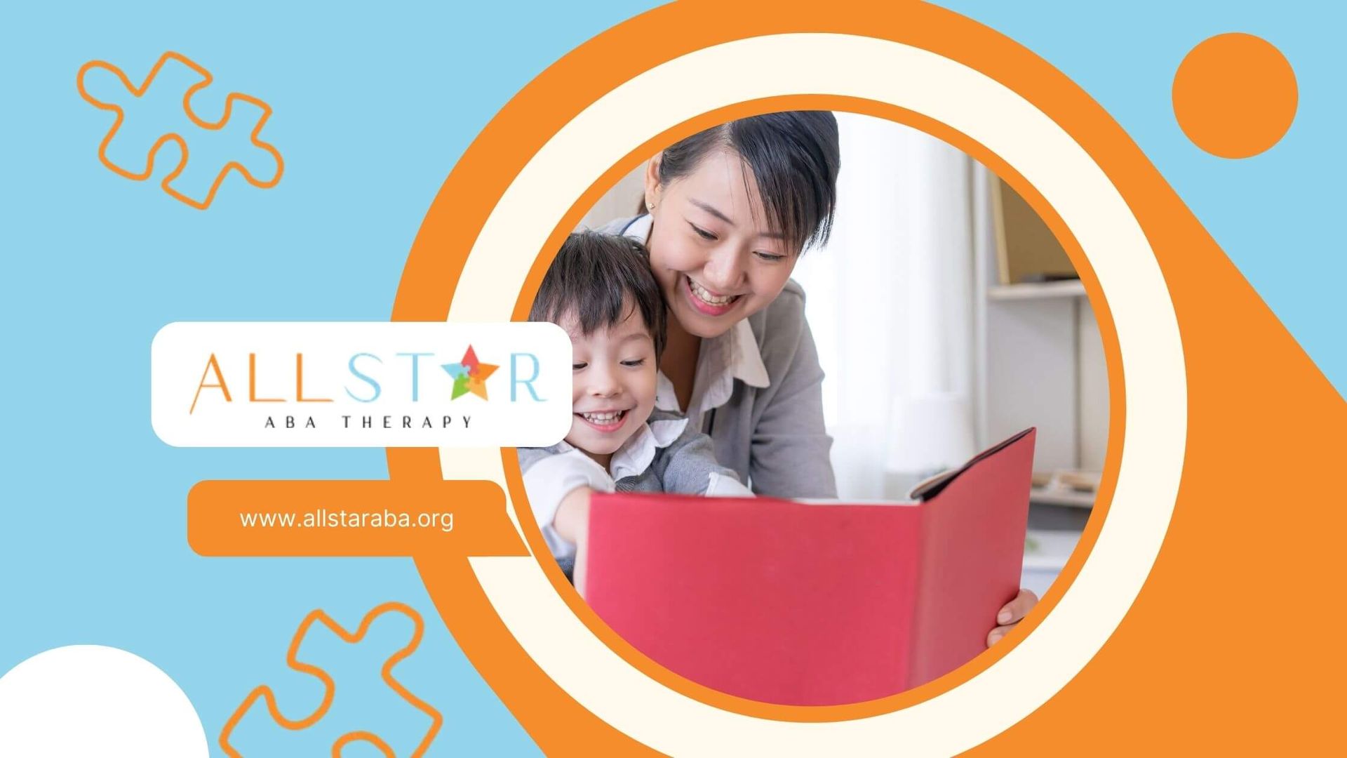 An ABA therapist and son reading a red book together while smiling at home, in a cozy setting.