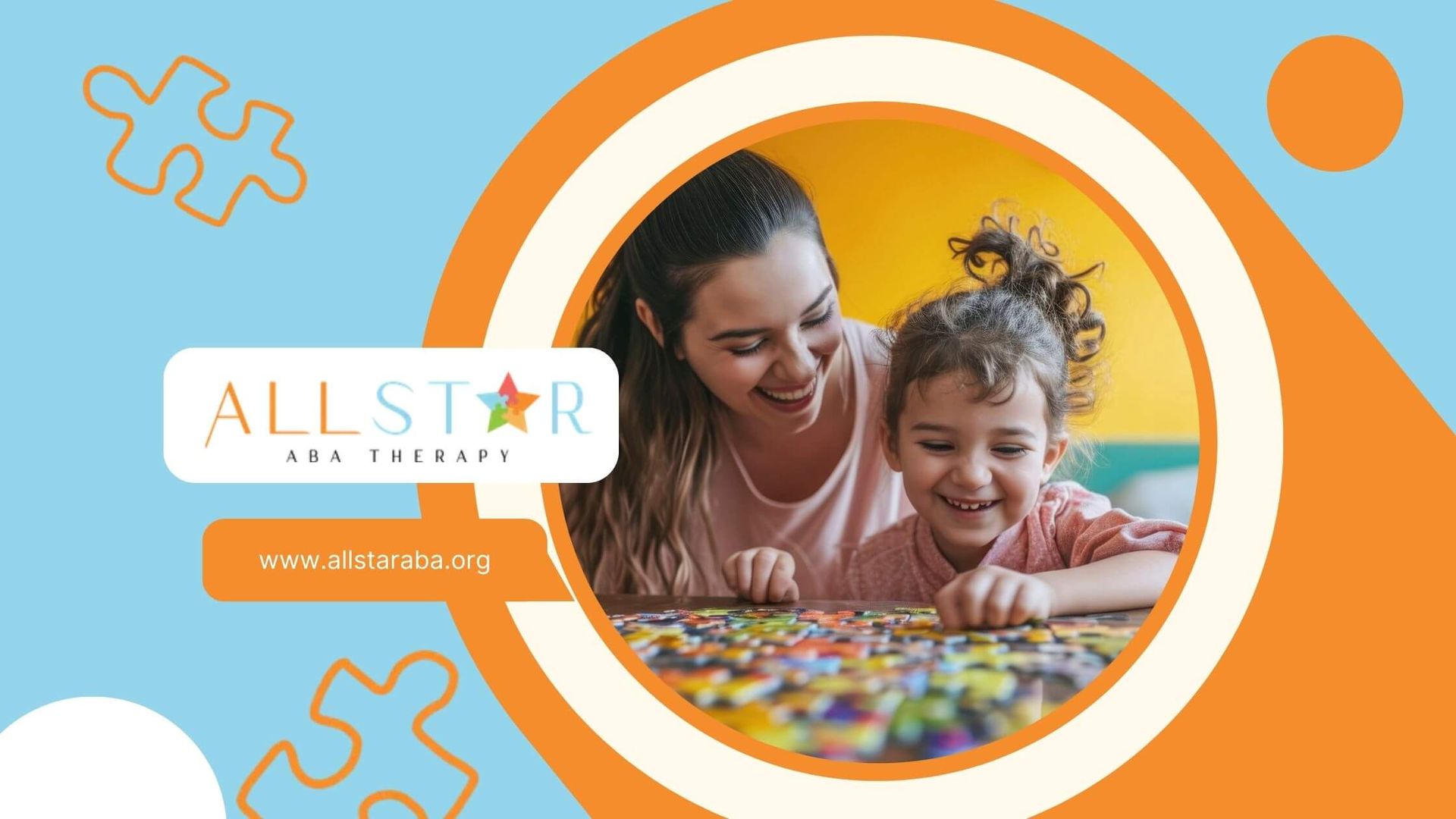 A mother and daughter smiling while doing a puzzle together at home with a bright yellow wall.