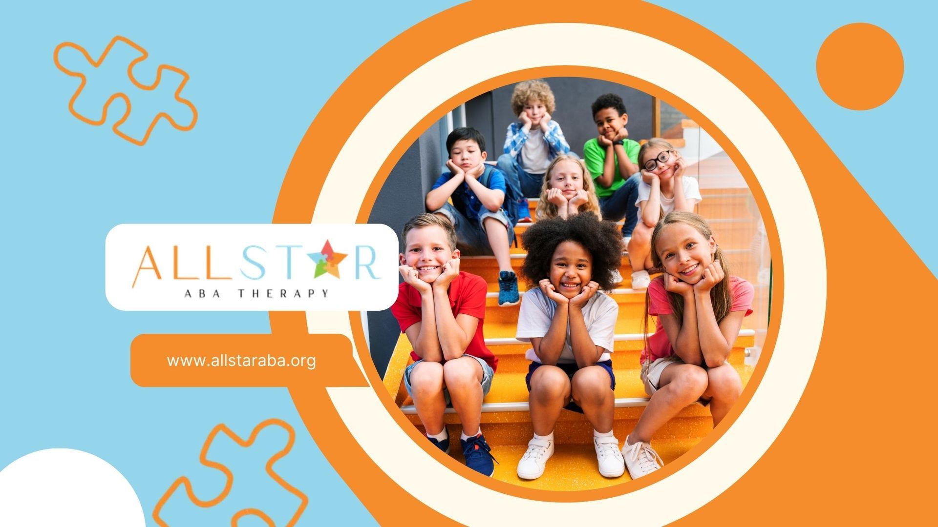 Children smiling on stairs in a circle, AllStar ABA Therapy logo. Orange and blue background.