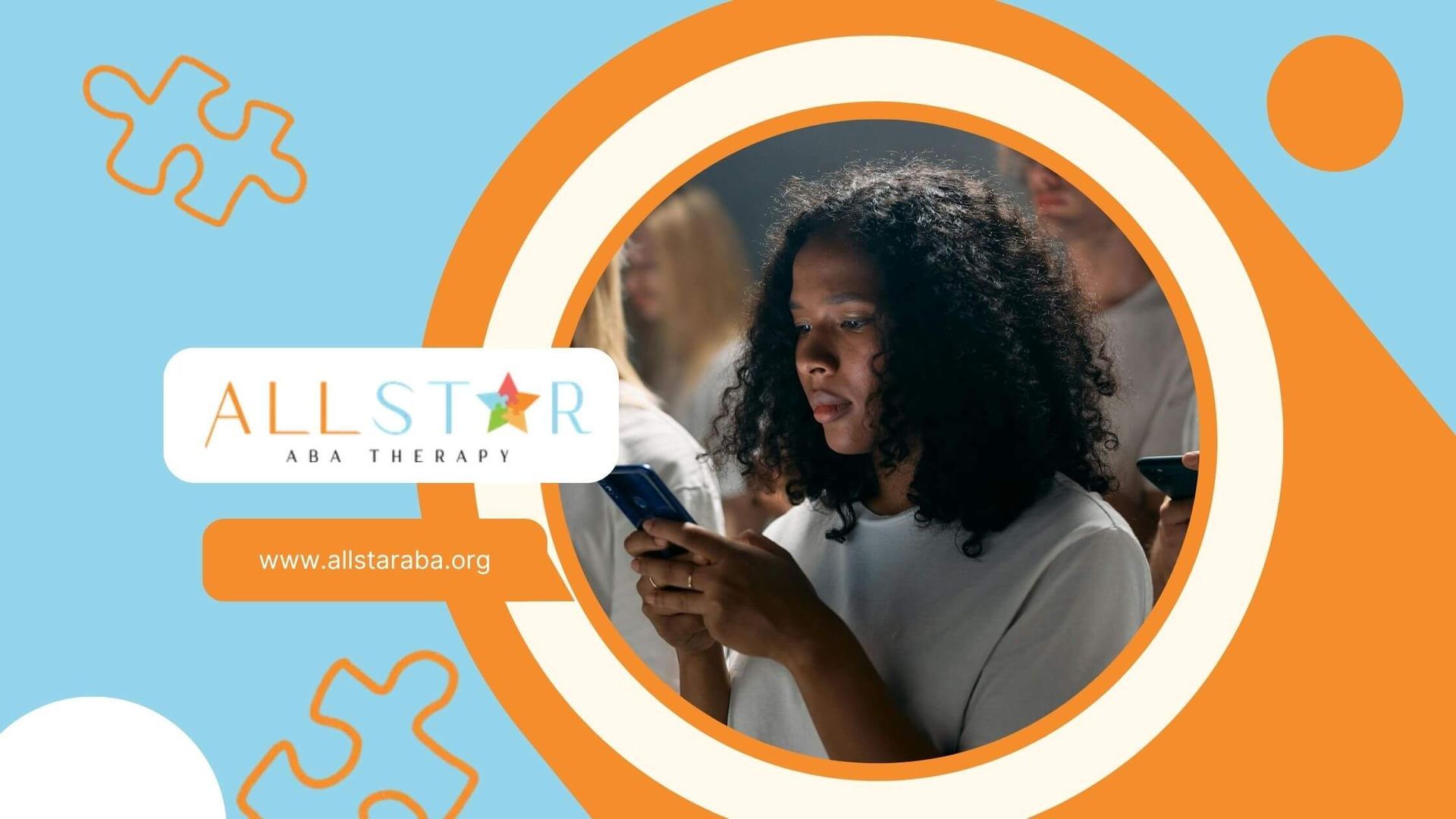 ABA team stands together, each focused on their smartphone in a shared moment of engagement.
