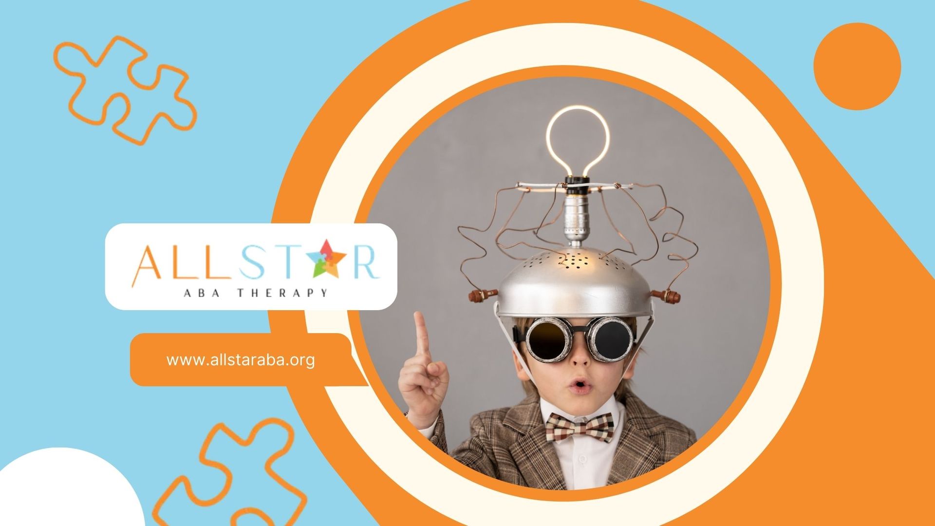 Boy in eccentric headgear pointing upwards, All Star ABA Therapy logo.
