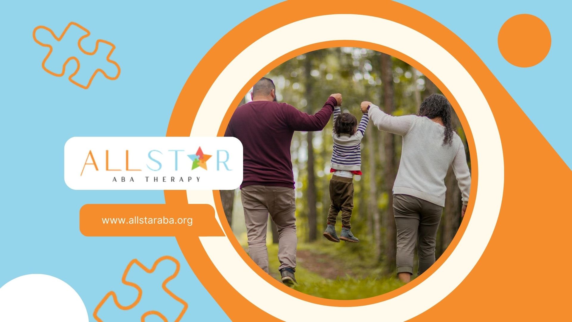 Parents lifting their autistic child by the hands while walking through a forested area in Maryland.