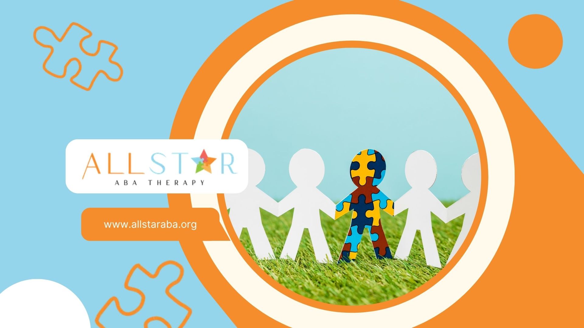 All Star logo with puzzle pieces, white figures, and a colorful puzzle character in an orange circle on blue background