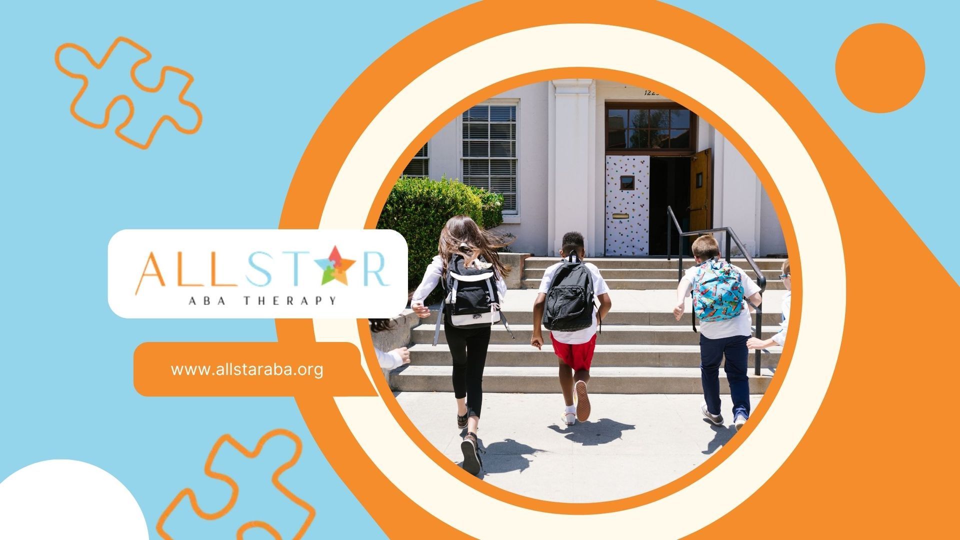 Children walking into a school building beside an “All Star” banner on a blue and orange background