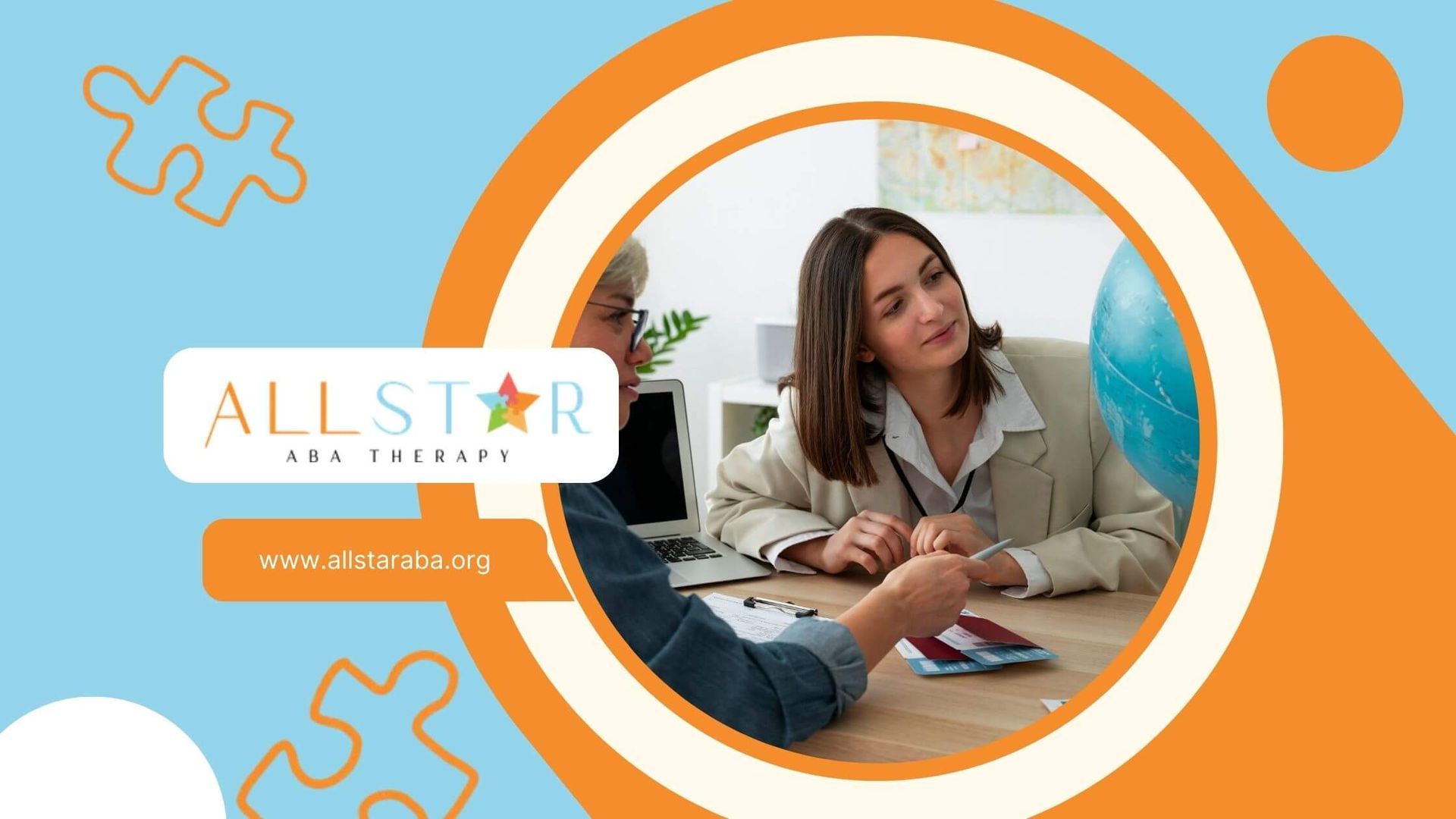 Women one elderly and one younger professional, discussing travel, seated at a desk with a globe.