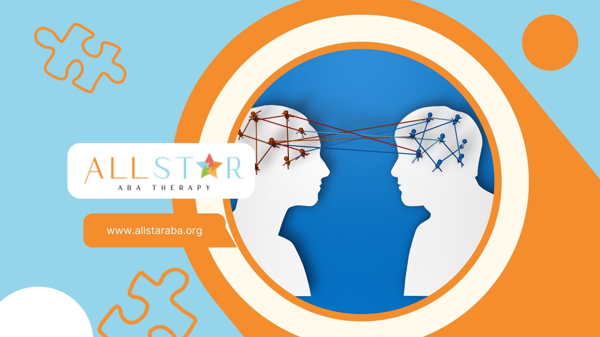 Two silhouettes of heads with connected brain networks, in a circular frame