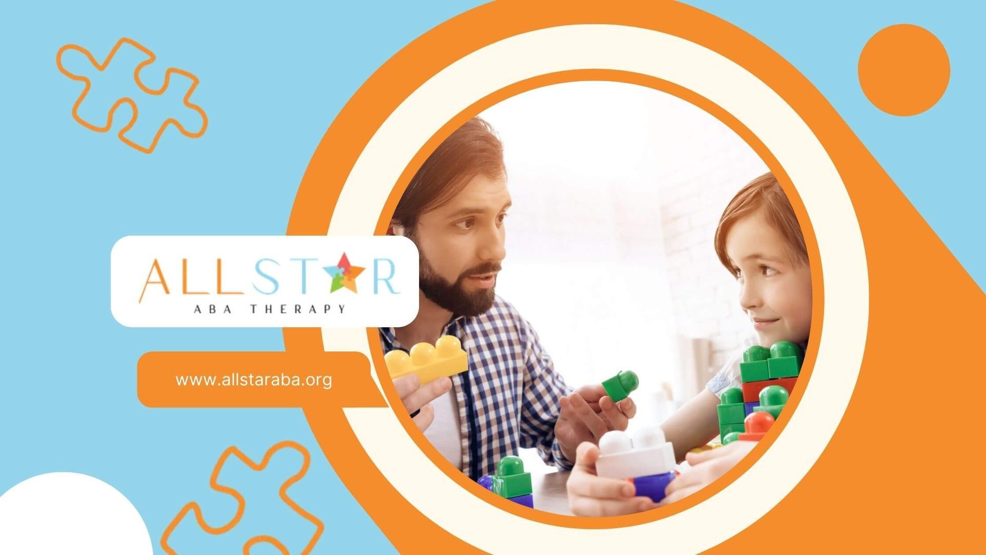 ABA therapist and autistic child playing with colorful building blocks at a table in ABA therapy.