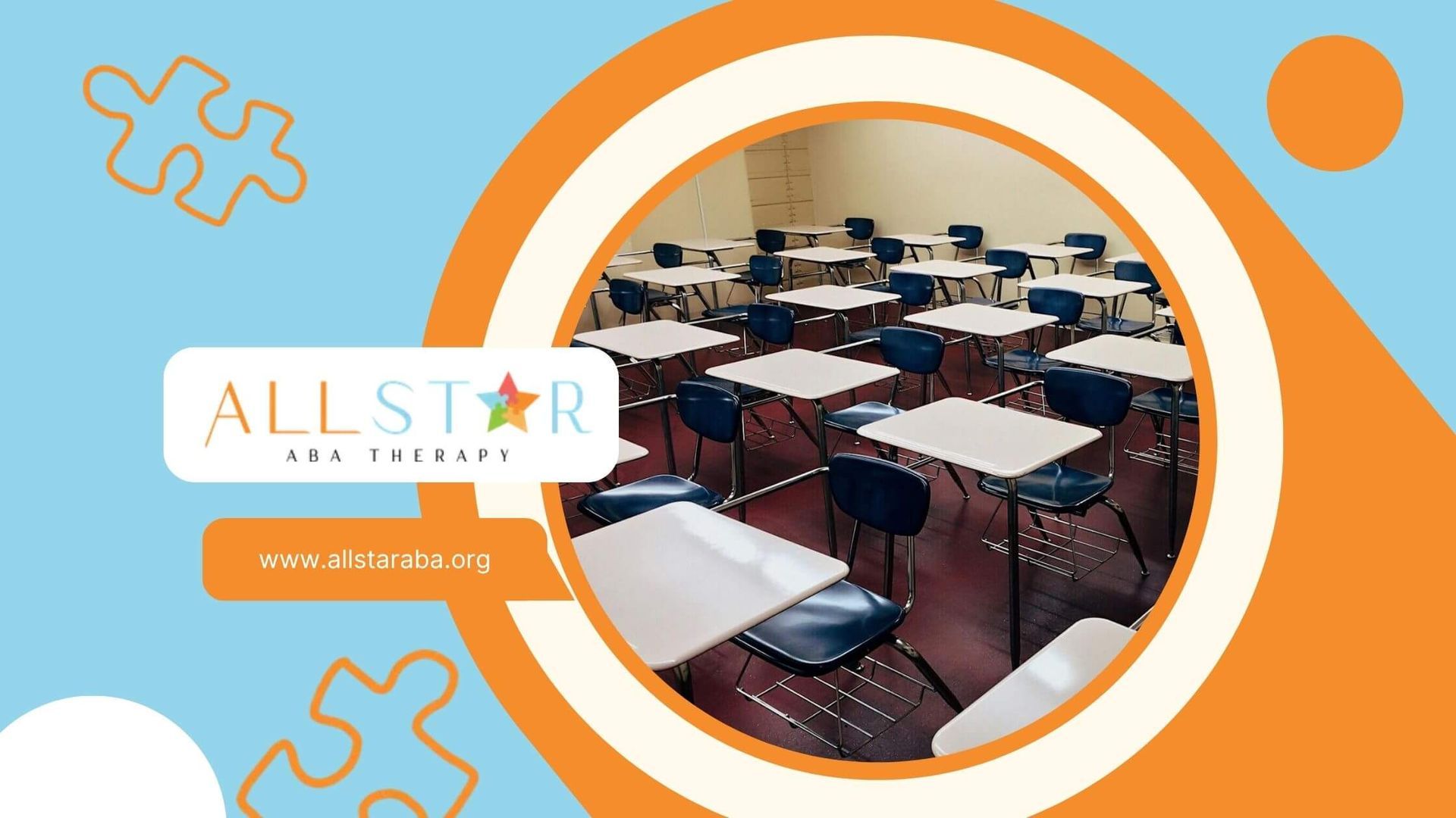 Empty classroom for autistic children with rows of blue chairs and white desks in Maryland