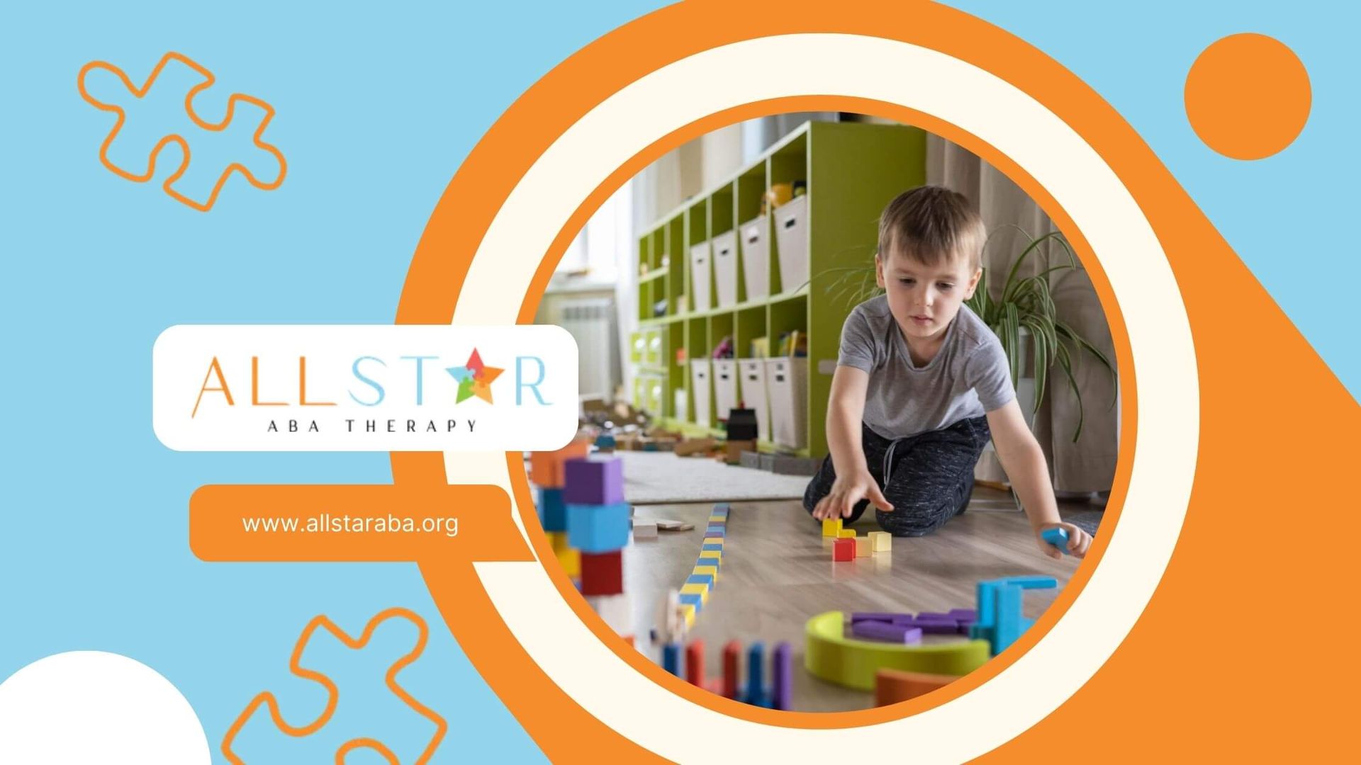 Boy with autism playing with colorful blocks during ABA therapy.
