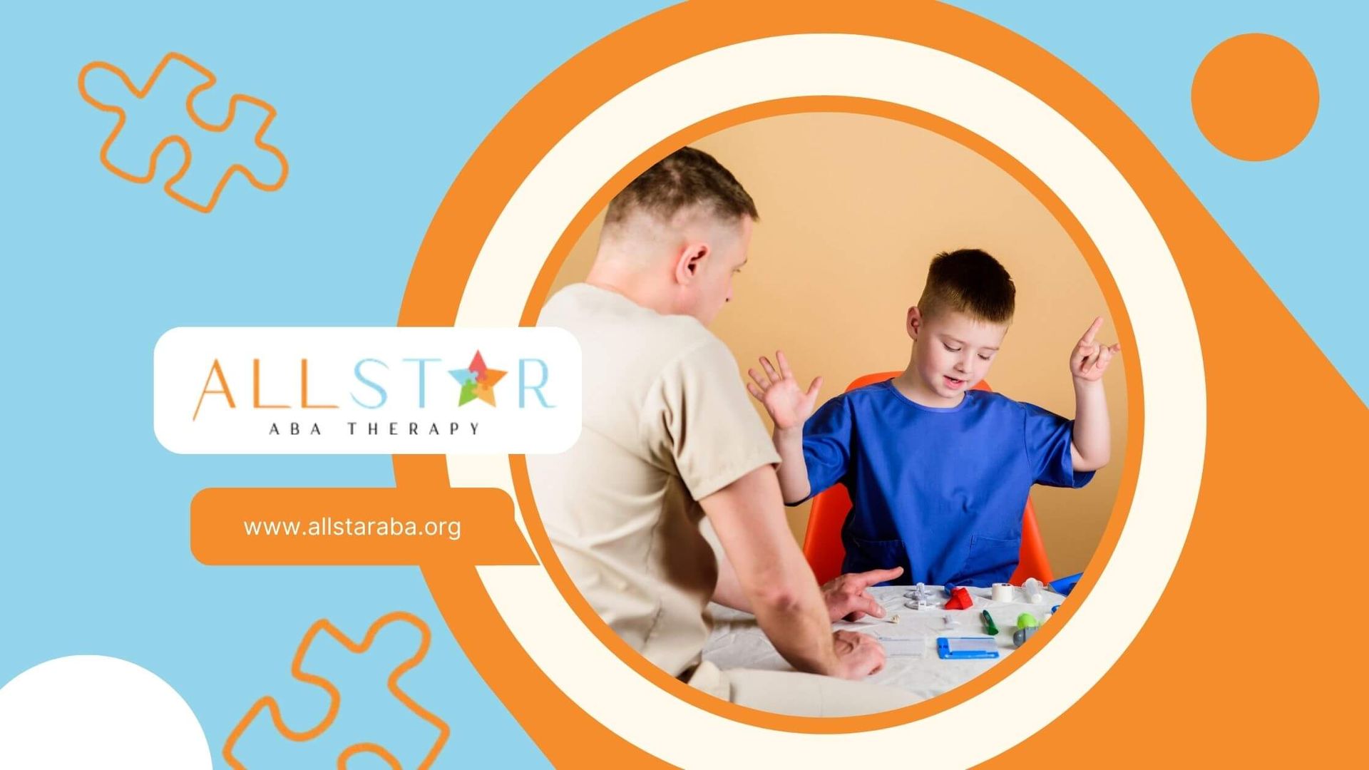 ABA therapist and autistic child engaging with colorful play therapy tools on a white table.