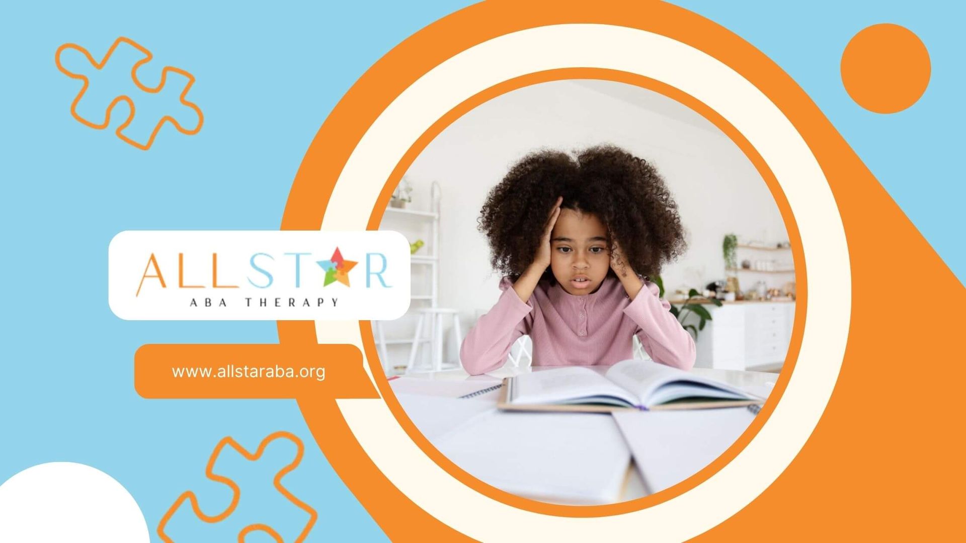 A young girl with autism looking at a book, struggling to focus.