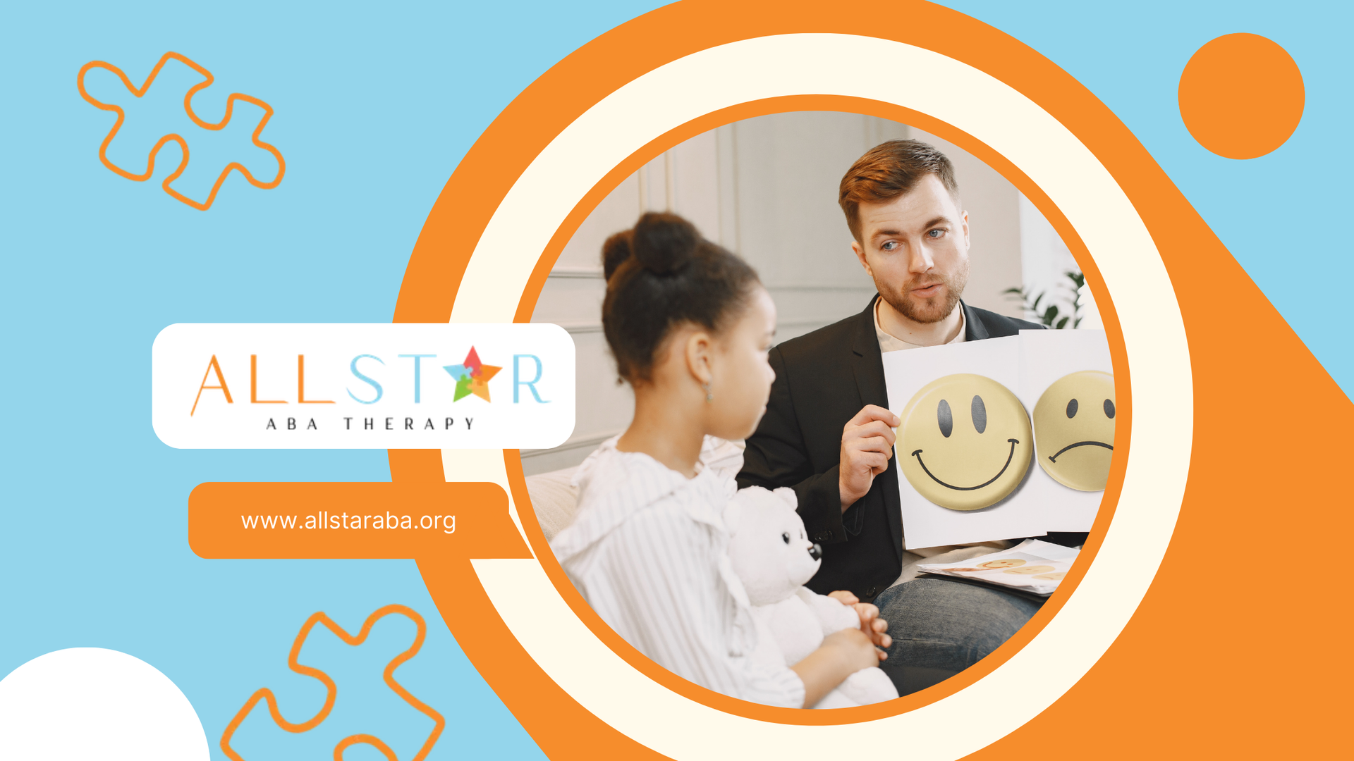 Therapist showing happy/sad faces to a girl in a session. The All Star ABA Therapy logo is visible.
