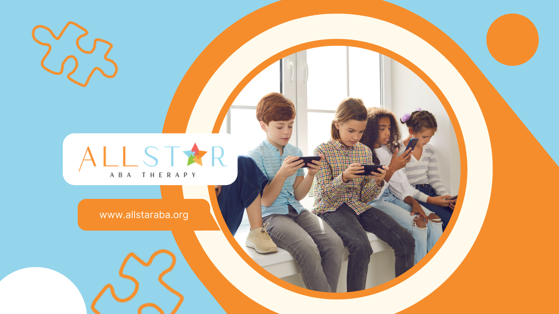 Children looking at phones inside a building, with the AllStar Fun Therapy logo and website link.