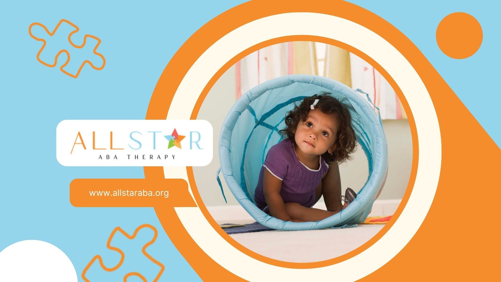 Girl in blue play tunnel; All Star Fun Therapy logo on a blue and orange background.