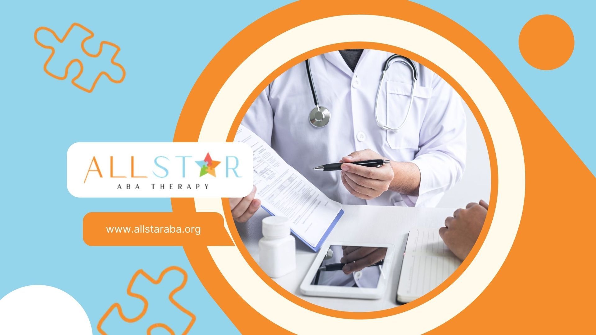 Doctor in white coat reviewing papers with patient at a desk. All Star ABA Therapy logo.