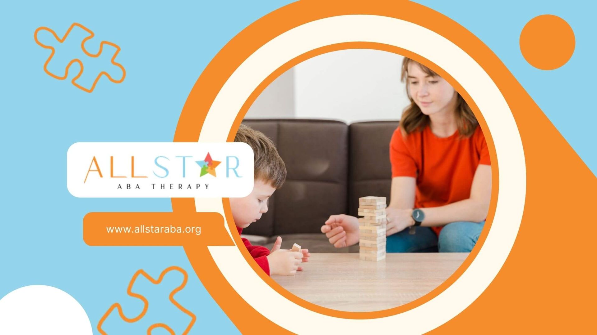 A young autistic child and ABA therapist playing Jenga, stacking blocks together after therapy.