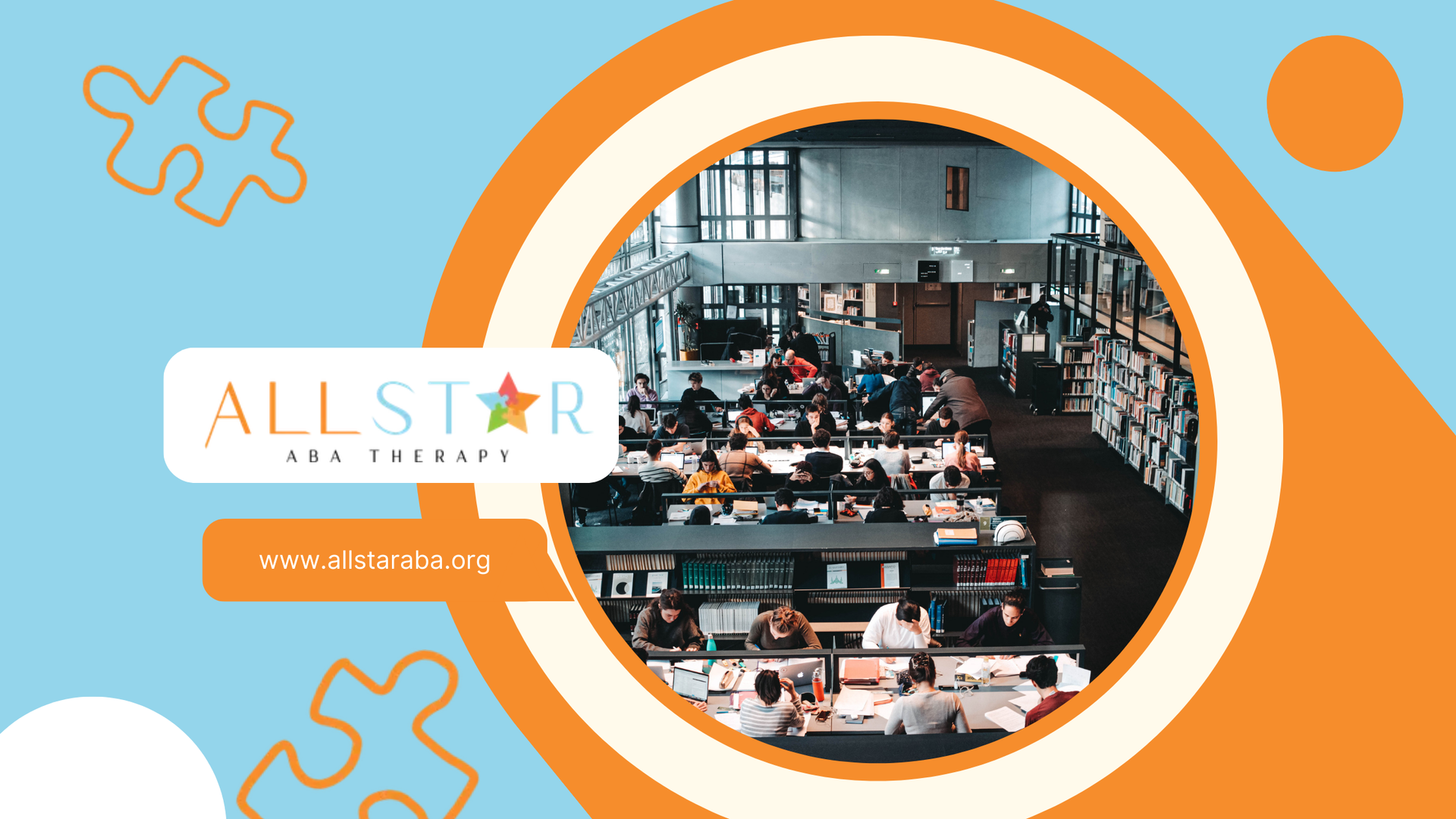 Interior with people at computer desks, logo 