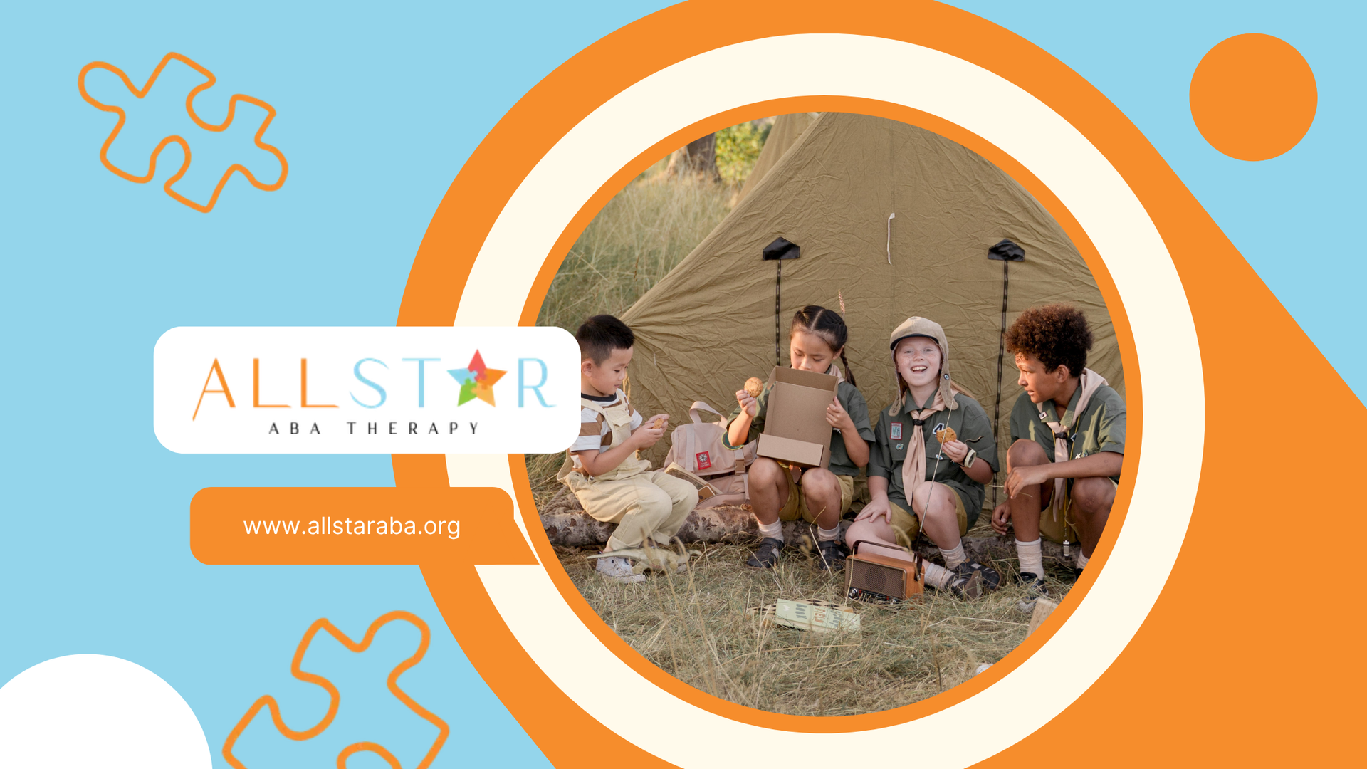 Five children sit on dry grass outdoors, chatting and holding snacks near camping gear.